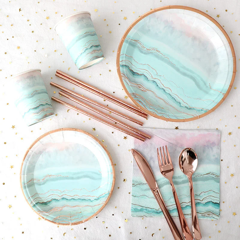 Disposable tableware paper plate paper cup straw knife fork spoon rose gold 7 inch disc birthday party supplies cake plate