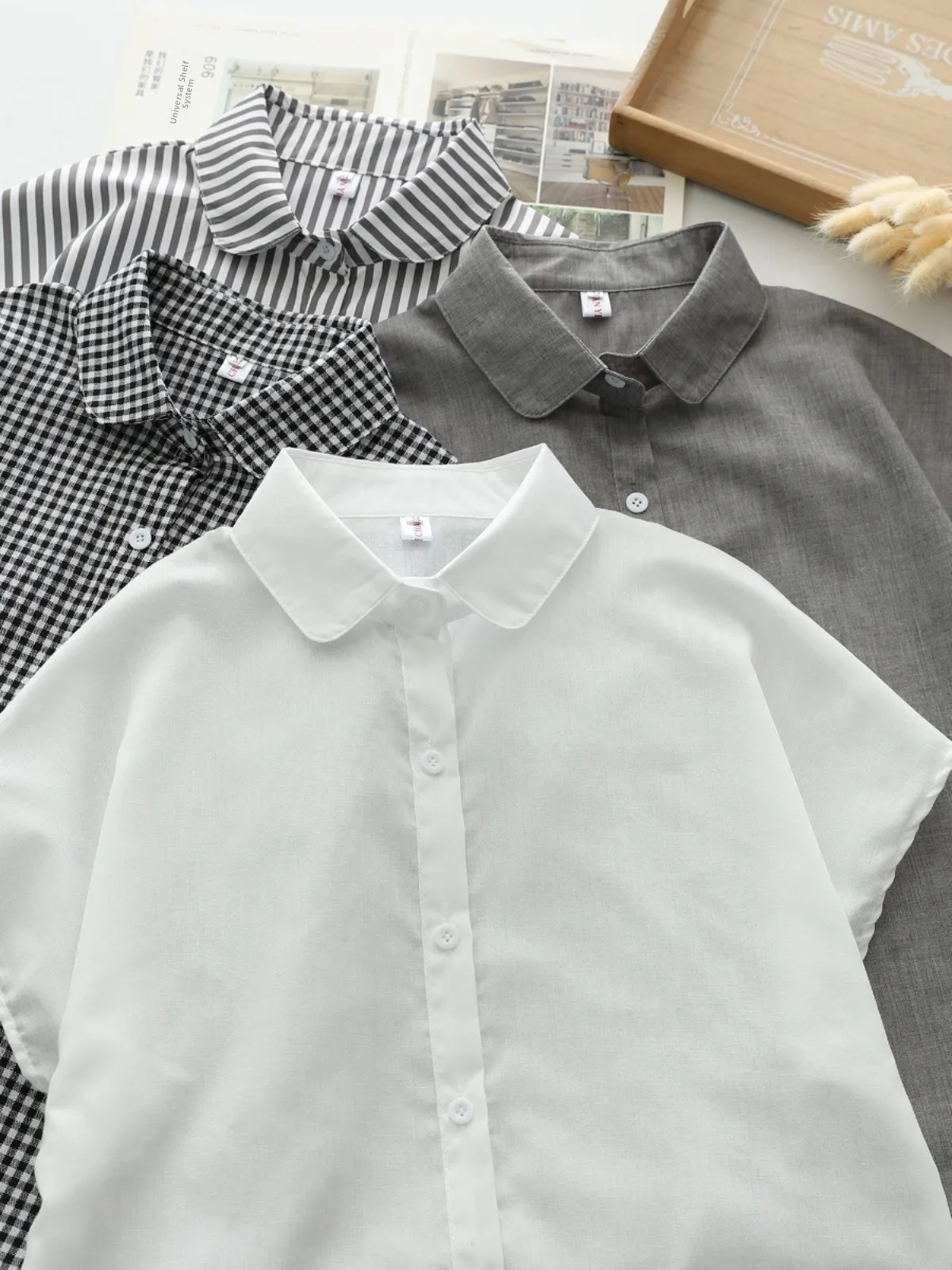 

Cotton Blend Striped Shirt Japanese Style Doll Collar Loose Short Sleeve White Blouse Artistic Commute Style Shirt