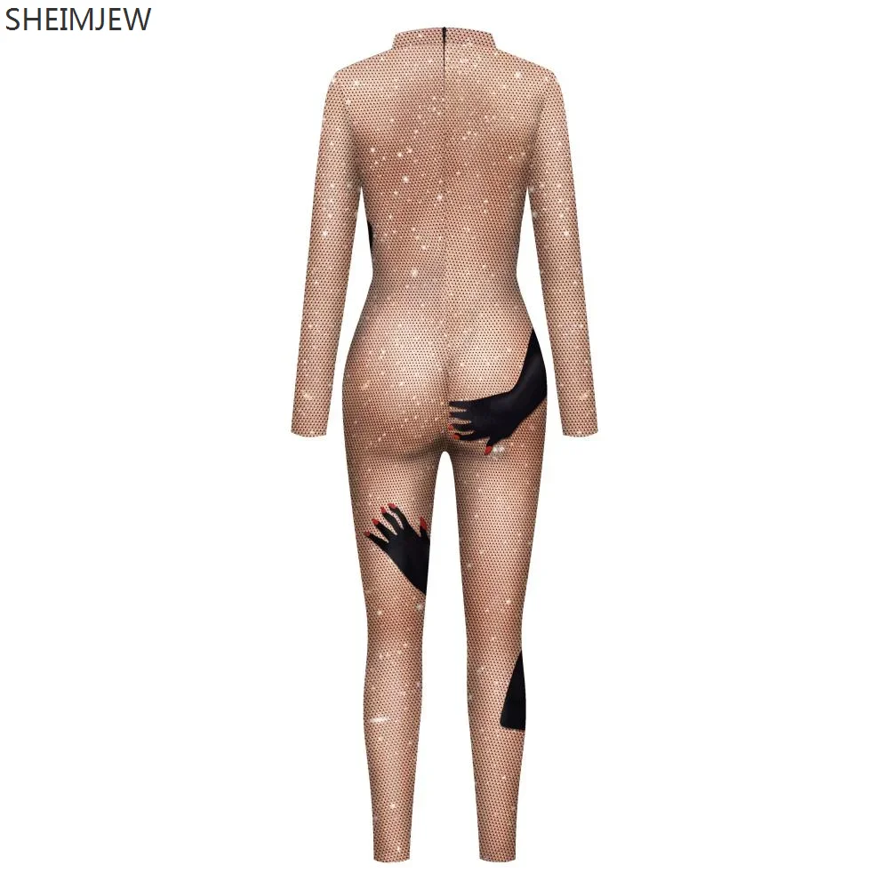 Carnival Cosplay Long Sleeve Female Bodysuit Black Hands Touch Shinny Body Print Sexy Beyonce Women Jumpsuit Costumes Outfit