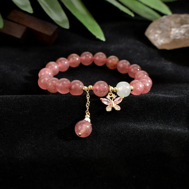 Natural Strawberry Quartz Bracelet Butterfly Bracelet Handmade Female Niche Sweet High Sense Bracelet E-Commerce