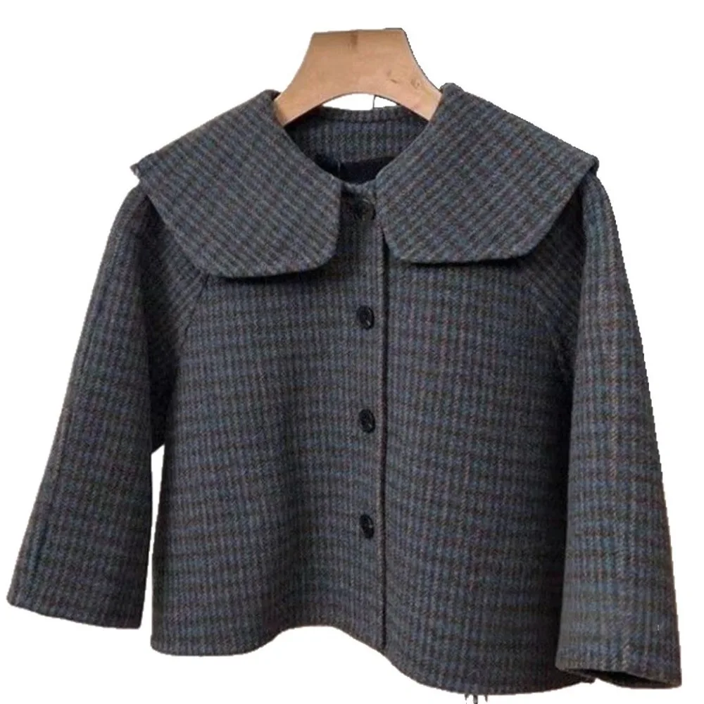 Little Girls Plaid Wool Coat New Autumn Winter Navy Collar Turn-Down Collar Casual Short Fashion Stylish Kids Outerwear