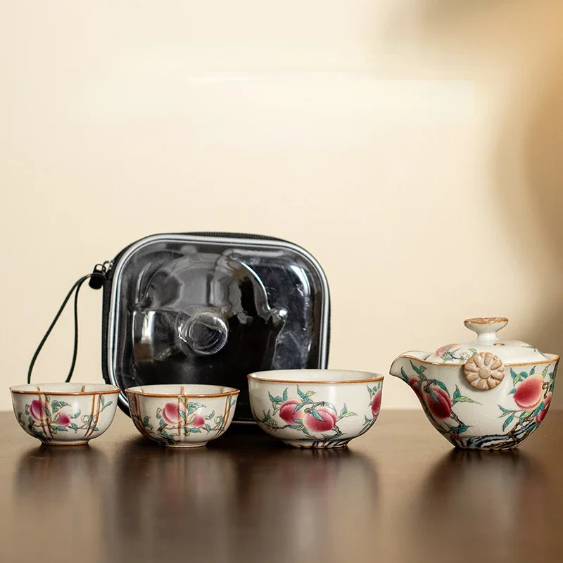 

Ruyao Expresso Tea Cup One Pot Three Cups Portable Travel Ceramic Kung Fu Tea Set Home Office Teapot with Storage Bag