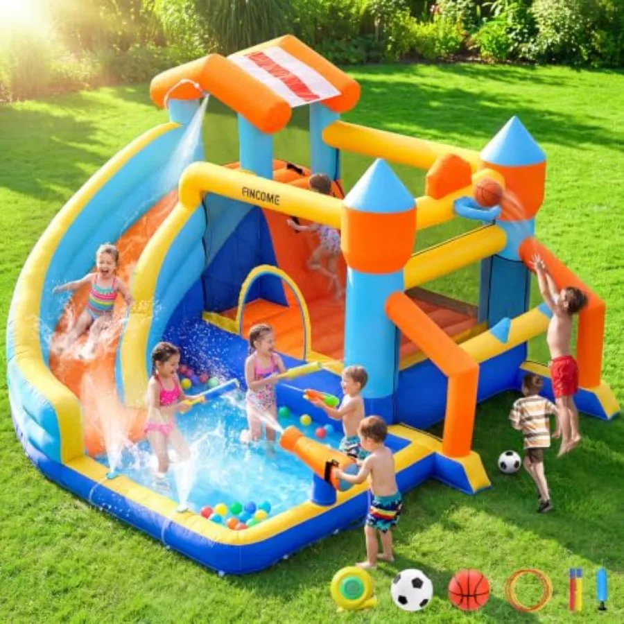 Bounce House, Inflatable Bounce House with Water Slide for Indoor and Outdoor, Bouncy Castle with Football Frame, Water Cannon,