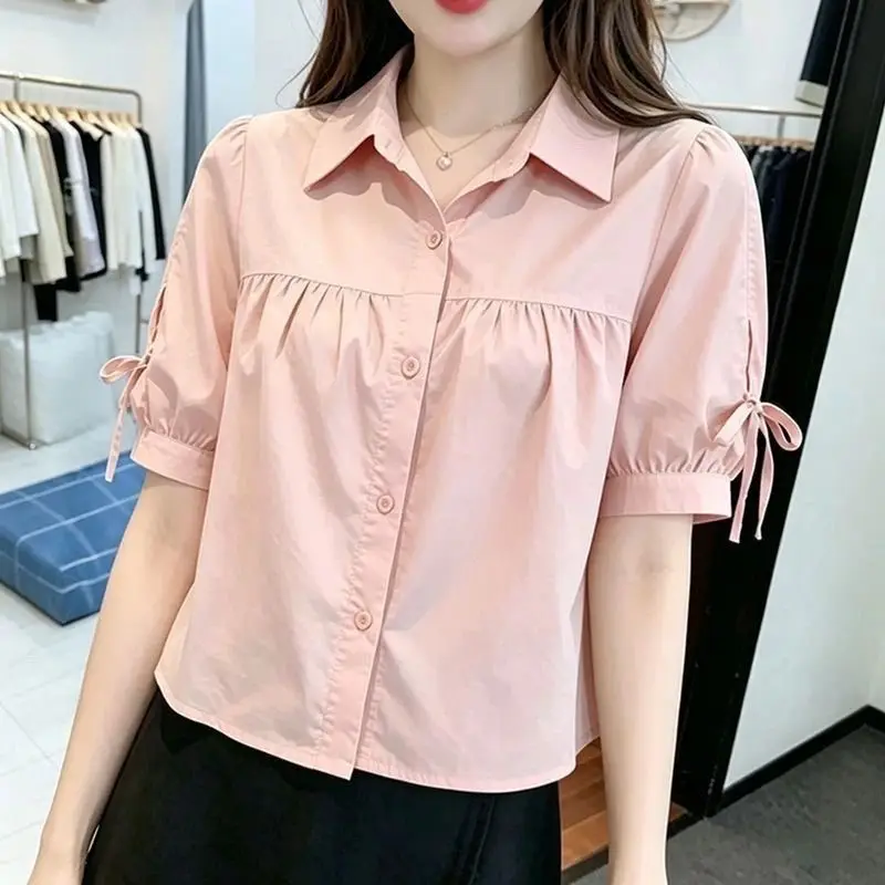 Fashionable Thin Short Sleeve Shirt for Small Stature Women  Knot Loose Fit Summer New Style Top  Collar Other M...