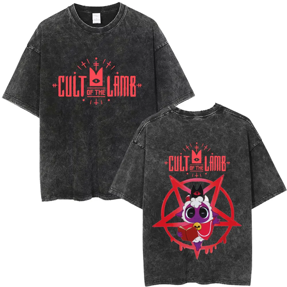 

Washed Vintage Game Cult of The Lamb Funny Graphic T-shirt Men Women Casual Cotton T-shirts Men's Oversized Short Sleeve T Shirt