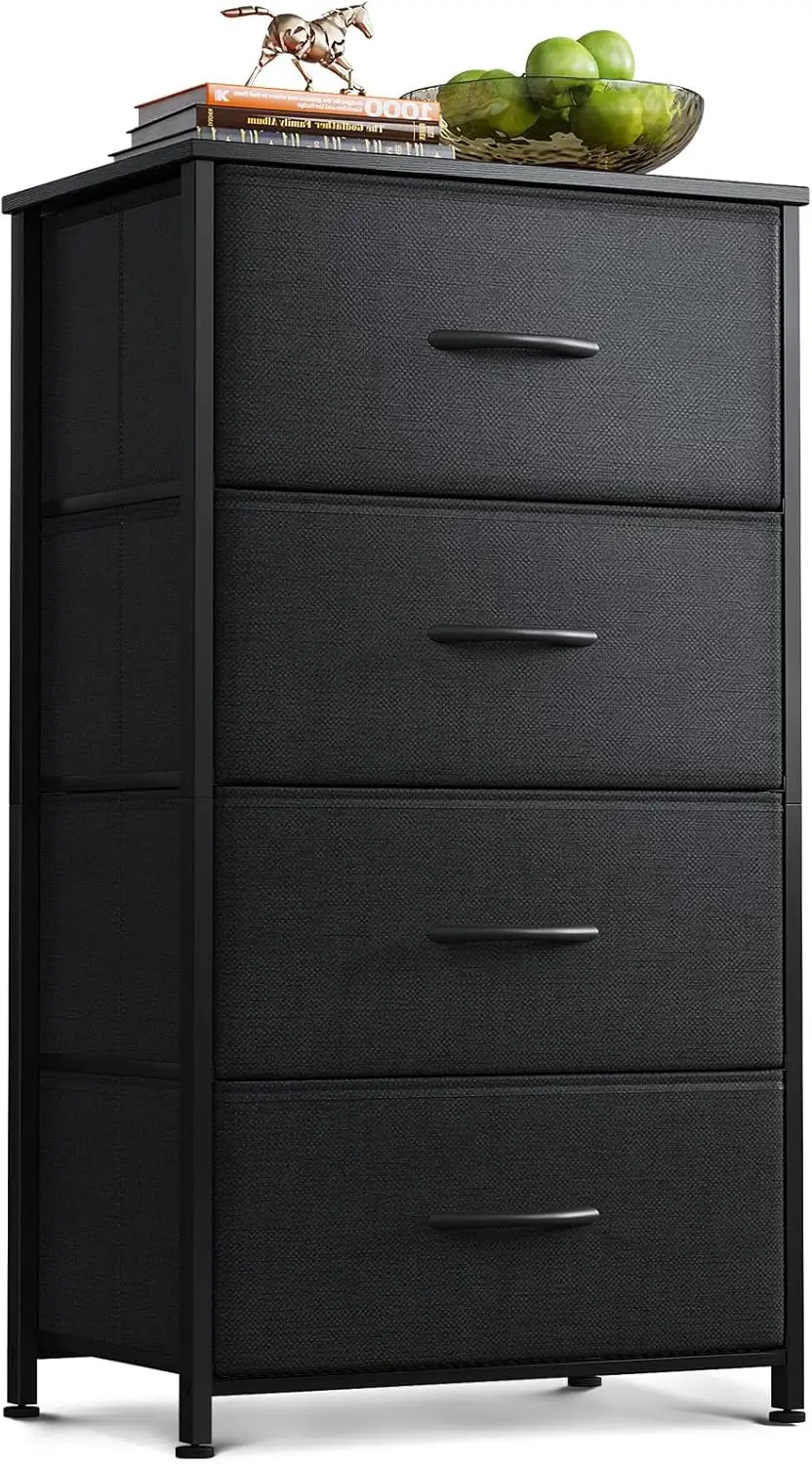 

Dresser for Bedroom with 4 Storage Drawers, Small Dressers Chest of Drawers Fabric Dresser with Sturdy Steel Frame, Black