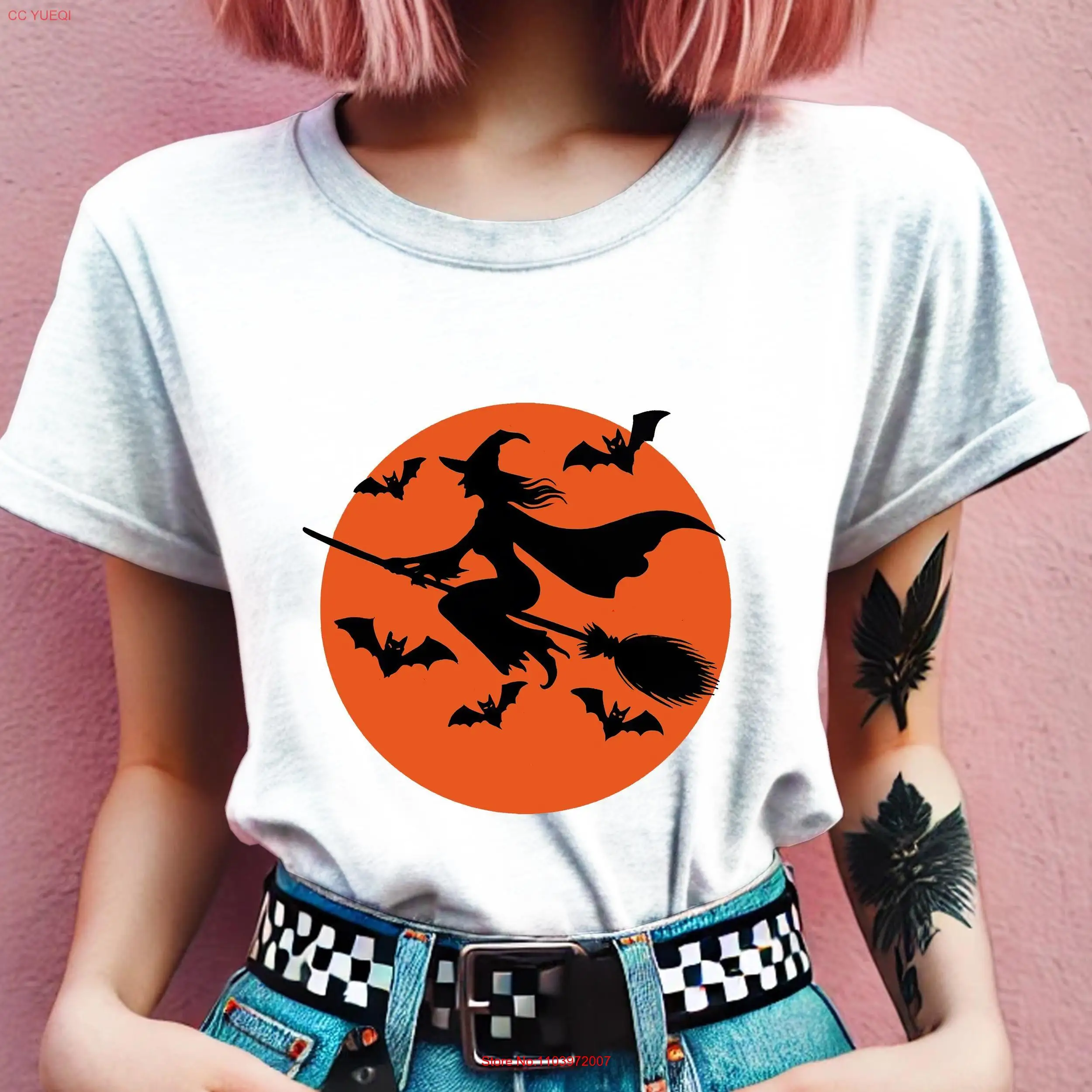 Футболка «Ведьма на метле» на Хэллоуин, жуткий сезонный топ, женский рокер с длинными или короткими рукавами