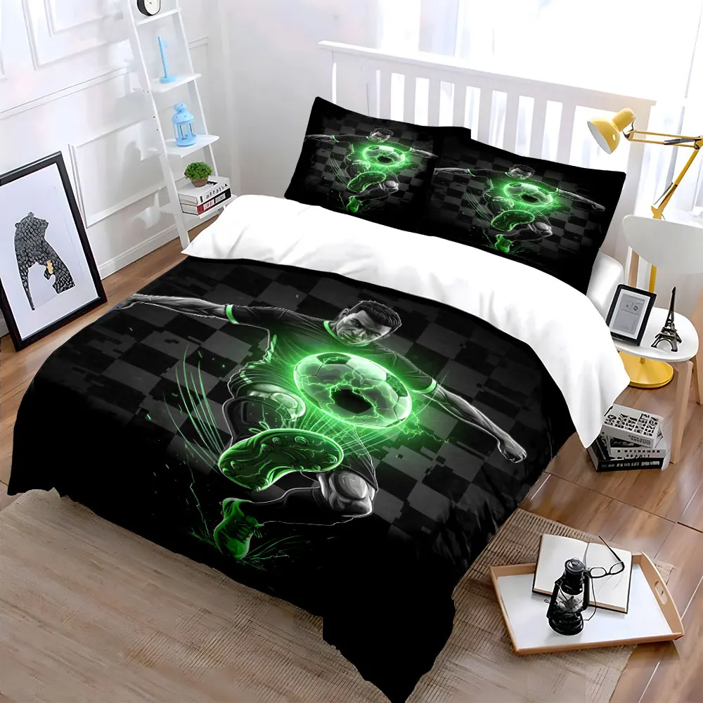 Artistic Soccer Kick on Black Background Bedding Set for Kids Luxury Gift 3pcs Digital Print Comforter Set Soft Comfortable