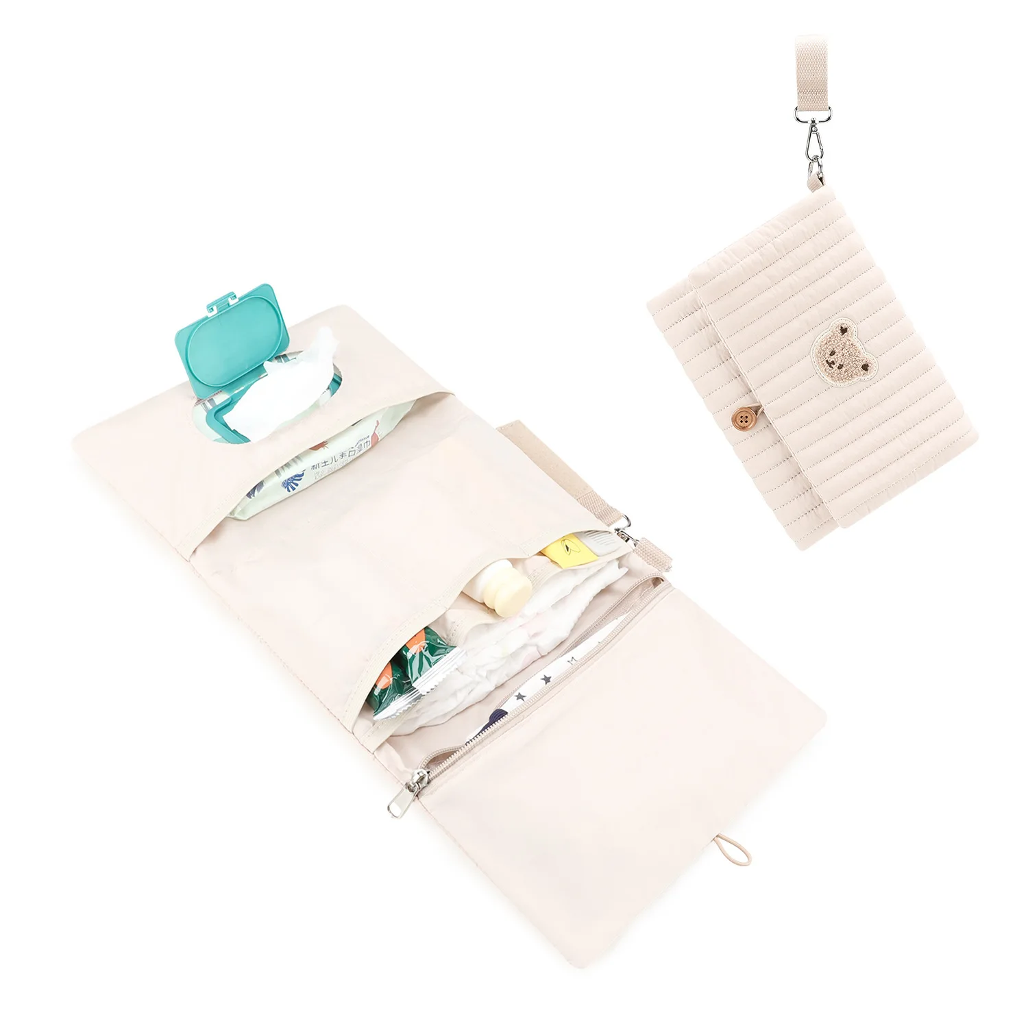 حقيبة تنظيم الحفاضات المعلقة القابلة للطي - حقيبة تخزين أساسيات متعددة الأقسام مع حامل المسح وجيب الحفاضات