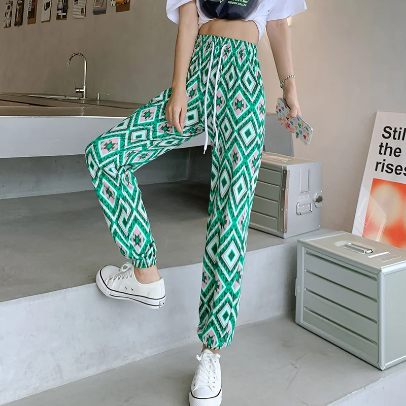 

Spring Autumn Women's Elastic High Waist Geometric Shape Contrast Printing Lantern Casual Tie Feet Harlan Trousers Fashion Pants