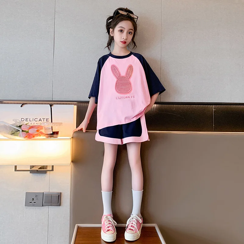 2026 new summer Girls set Clothes teenager bunny patchwork t-shirt + thin short hot pants 4 5 6 8 10 11 12 year tracksuit Casual