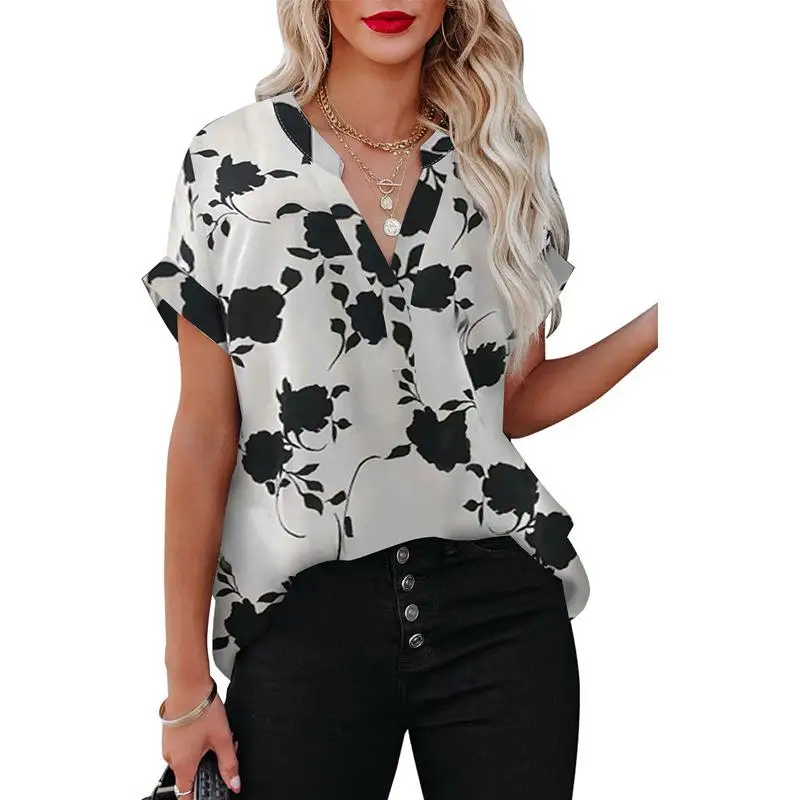 

Floral Printed Women's ort Sve irt with Collar Sweet Sle Polyester Fiber Summer Season Casual Wear