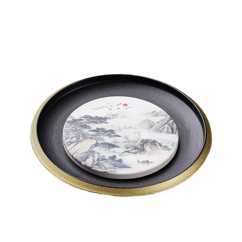 Sippy Cup Bearing Household Black Saucer Light Luxury High-End Gold Tracing Line Kung Fu Ceramic Tea Tray Tea Table