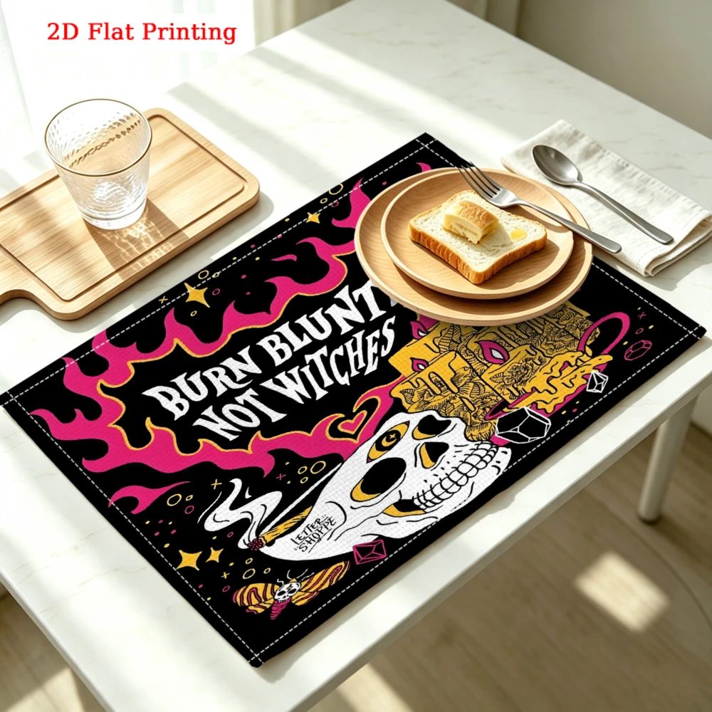 2Pcs Gothic Skull Placemat Black Pink Burn Blunt Not Witches Table Mat Kitchen Dining Decor Non Slip Heat Resistant 30X40Cm view 2