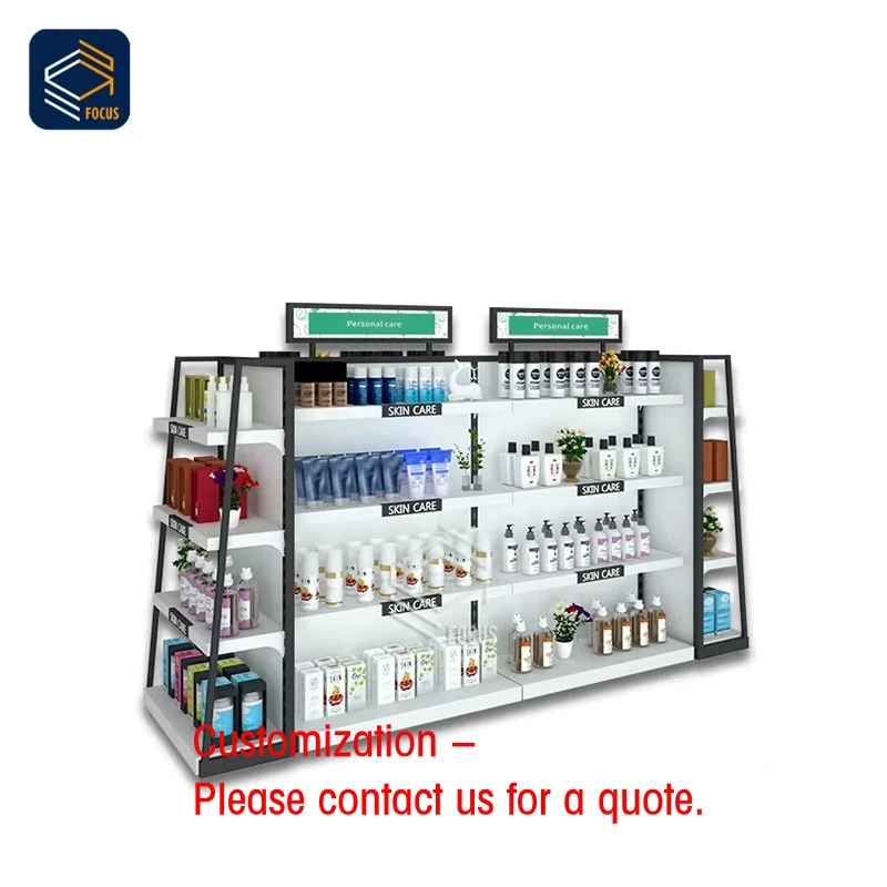 custom.Custom Retail Display Shelf White and Black Design Spacious Shelves Personal Care Cosmetics Showcase