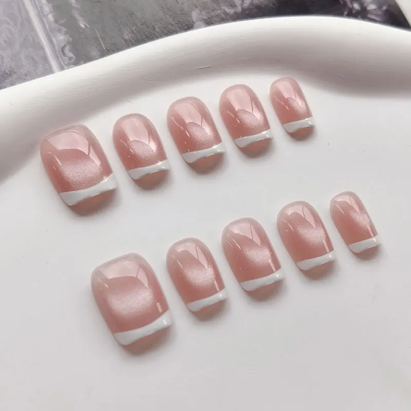10 Stück Französischer Stil Rosa Katzenaugen-Optik mit Weißem Rand Aufklebbare Nägel Tragbare Nägel Kurze Quadratische Kunstnägel Wiederverwendbare Nägel – Detail 7