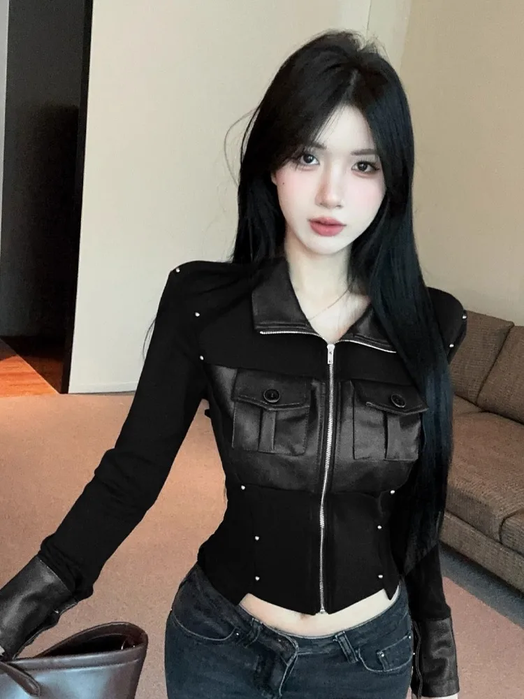 Slim Fit Longo Sve Fce Forrado Casaco Or Vintage Couro Patchwork Embelezado Zíper Design Feminino Faion Outerwear