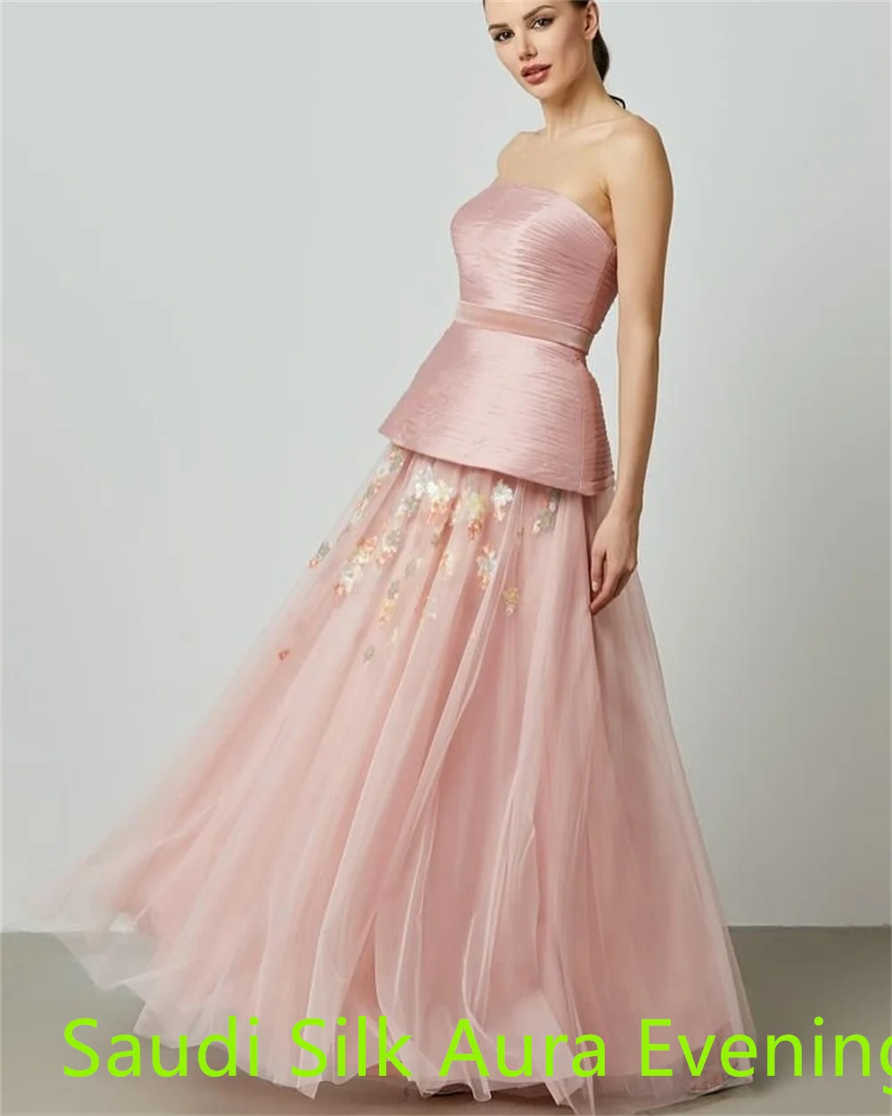 فستان جيرسي وردي مخصص لحفلات العودة للوطن أنيق بدون حمالات وحزام (زنانير) متدرج مزين بسحاب خلفي مخصص للحفلات D #6