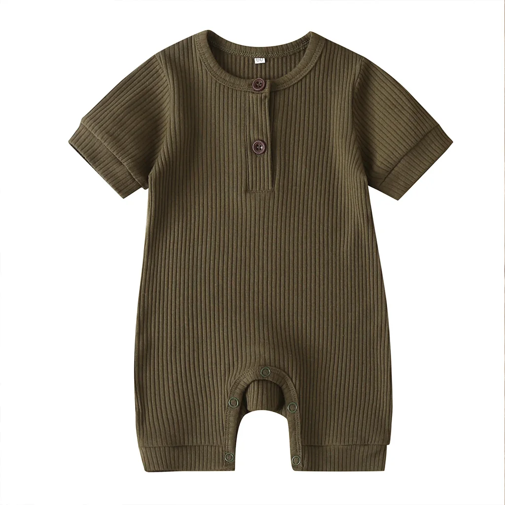 

Комбинезон с коротким рукавом для новорожденных мальчиков и девочек, летняя одежда для малышей, однотонный Вязаный комбинезон в рубчик с круглым вырезом для младенцев, комбинезон, наряды
