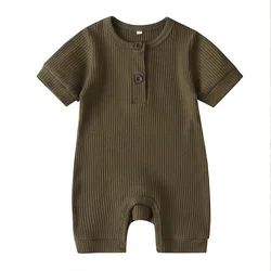 Newborn Baby Boys Girls Short Sleeve Romper Summer Toddler Clothes Infant Solid Color Knit Rib O Neck Jumpsuits Playsuit Outfits