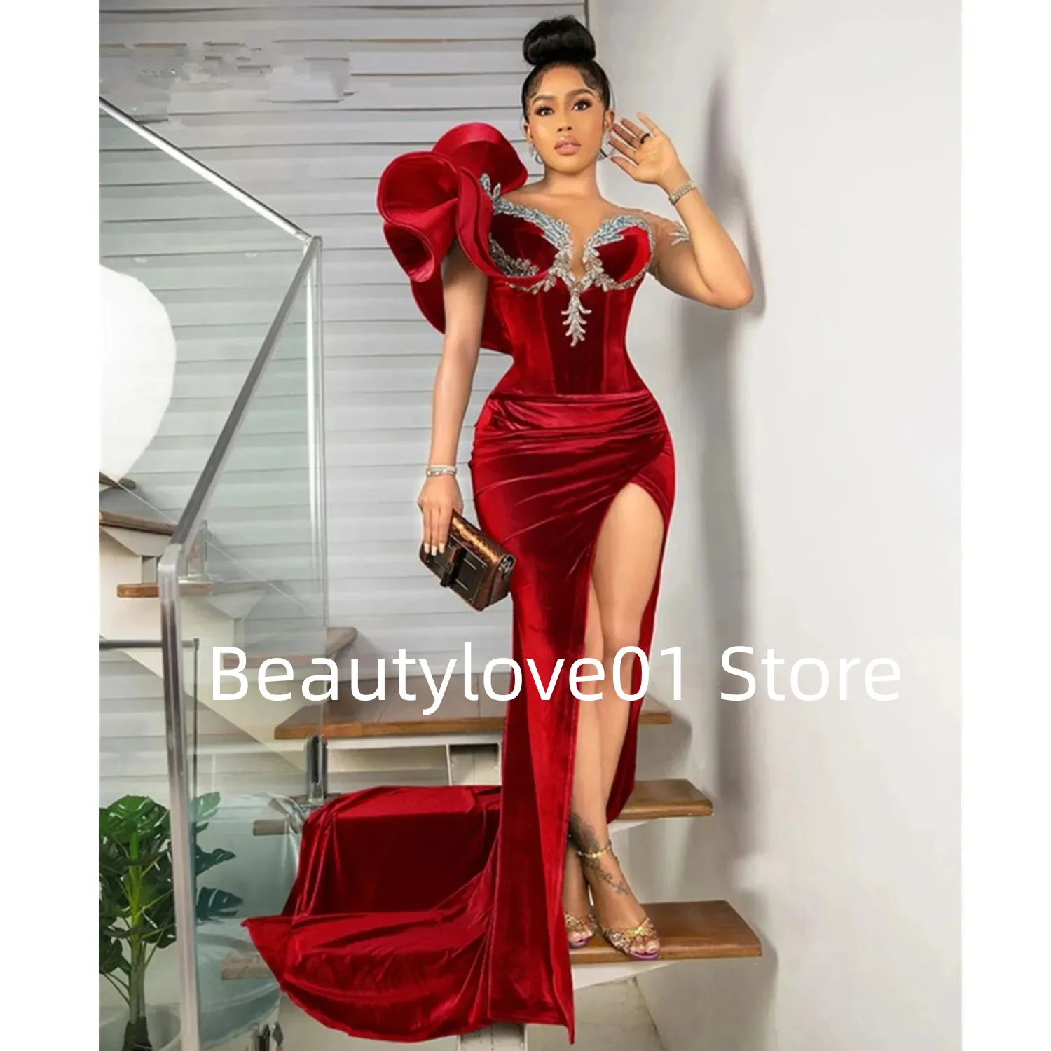 2024Arabic Plus Size Evening Dress Red Luxury Mermaid Ball Dress Velvet V-neck Formal Party Second Reception Dress Mary Robe