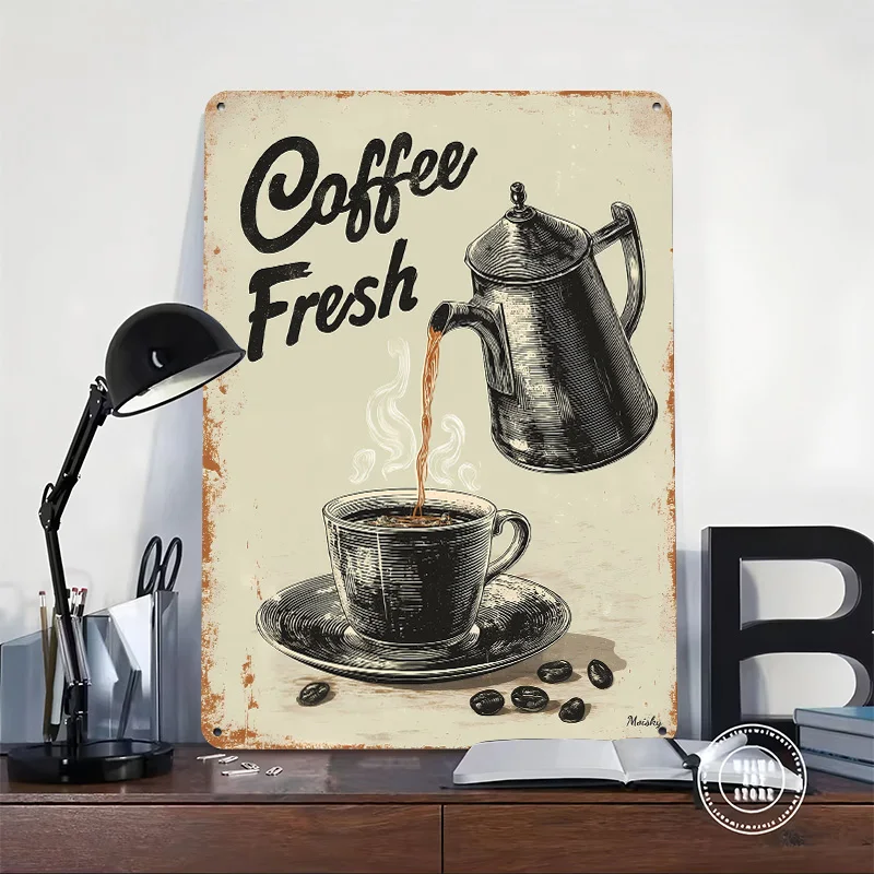 Retro Coffee Fresh Brew Vintage Wall Art 3D Texture Metal Poster Customized Wall Art Tin Sign Gift for Mancave Desk Decor Room