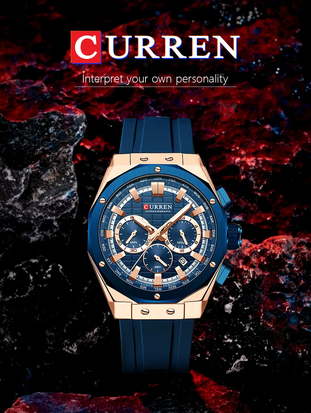 CURREN Luxusmarke Hochwertige Chronograph-Leuchtuhren für Herren mit Silikonarmband, Lässige Sportliche Wasserdichte Quarz-Armbanduhr – Detail 1