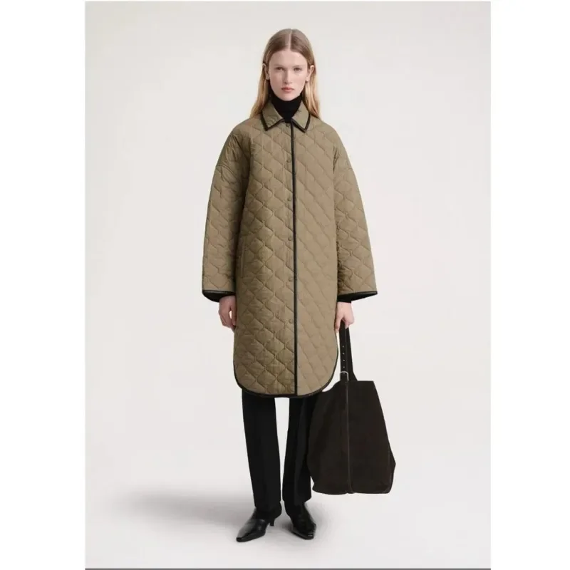 TT COAT-Green Quilted Cotton Jacket, Diamond Grid, Mid Length, Contrasting Striped, Cocoon Shaped, New Swamp, 2024 Year