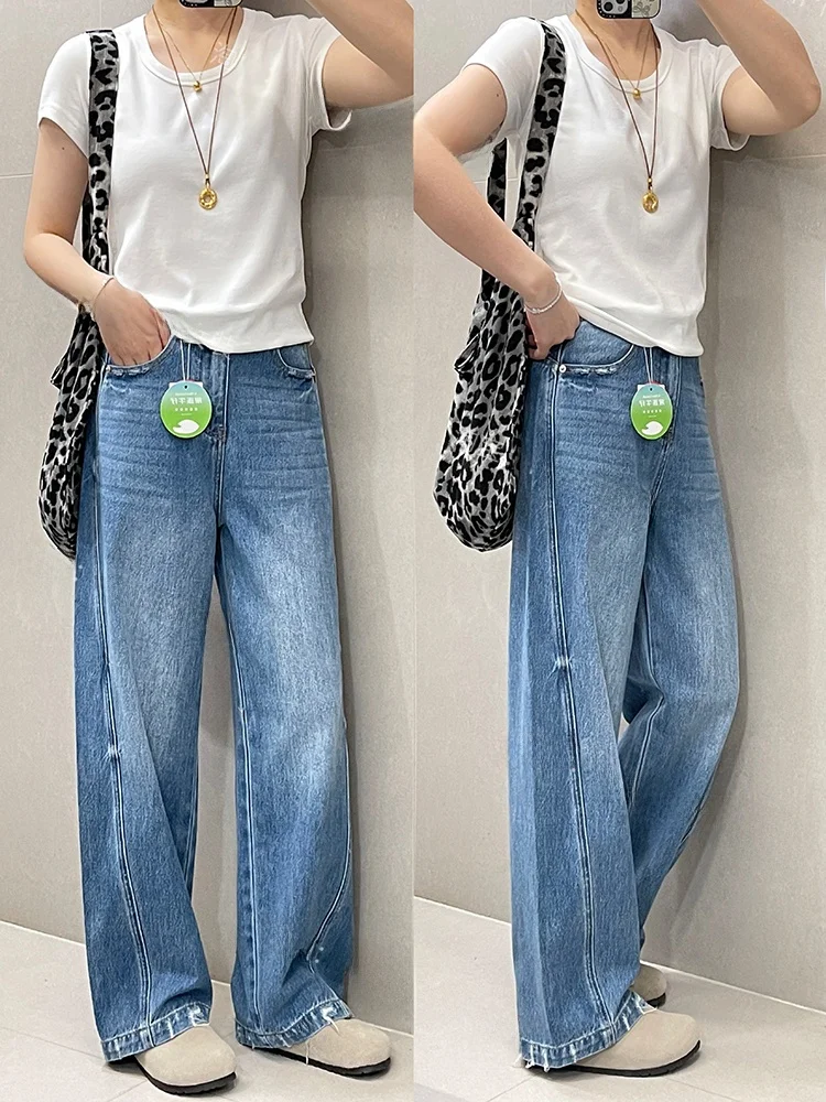 

Новые весенние джинсы-клеш из денима для женщин: винтажные синие, с эффектом потертости, широкие штанины, длинные брюки