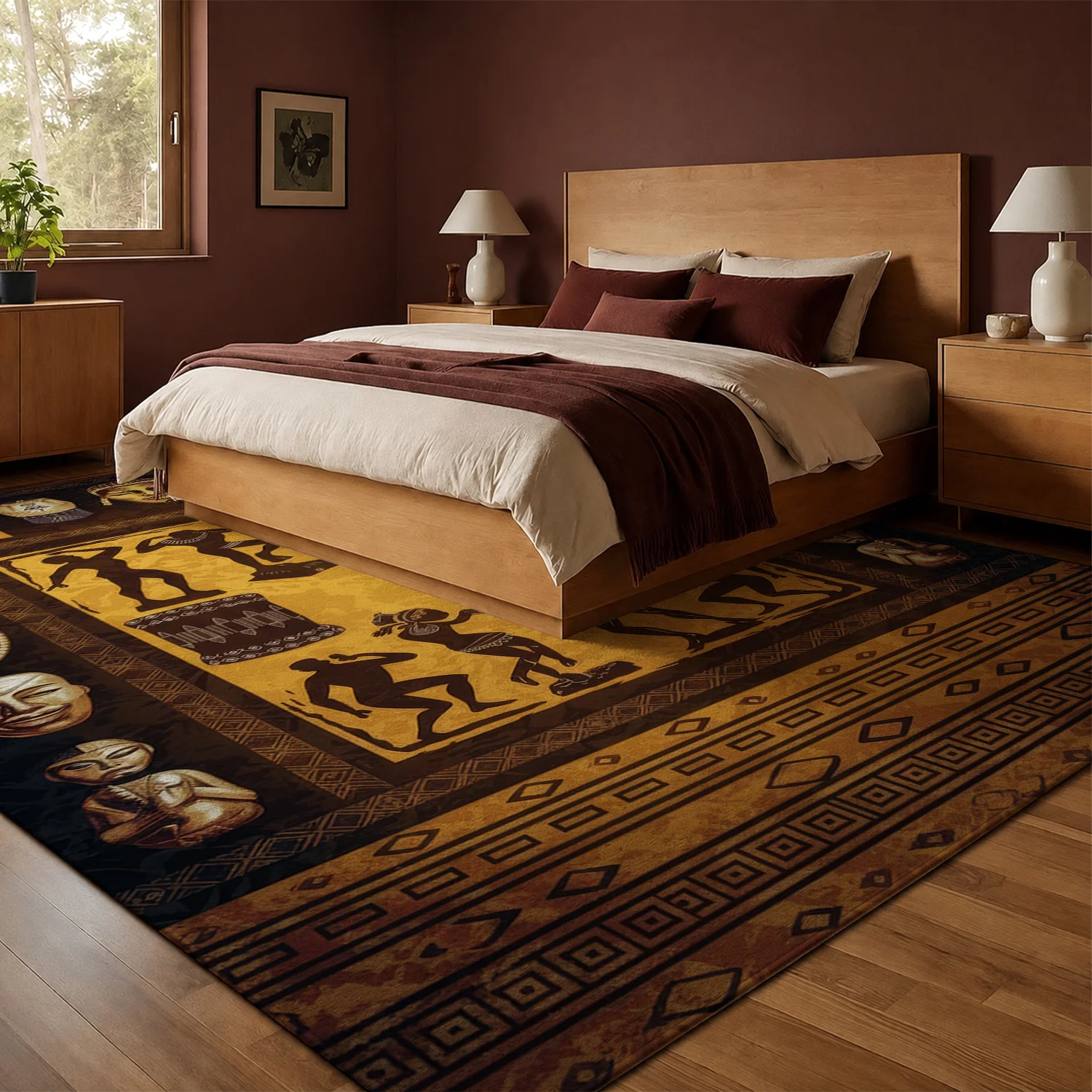 Large Indoor Area Rug, Soft Velvet Low Pile Floor Rug with Non-Slip Dotted Backing, Machine Washable African Tribal Mask Figure Pattern Decor Rug, Warm Gold Brown Ethnic Style for Living Room Bedroom Entryway