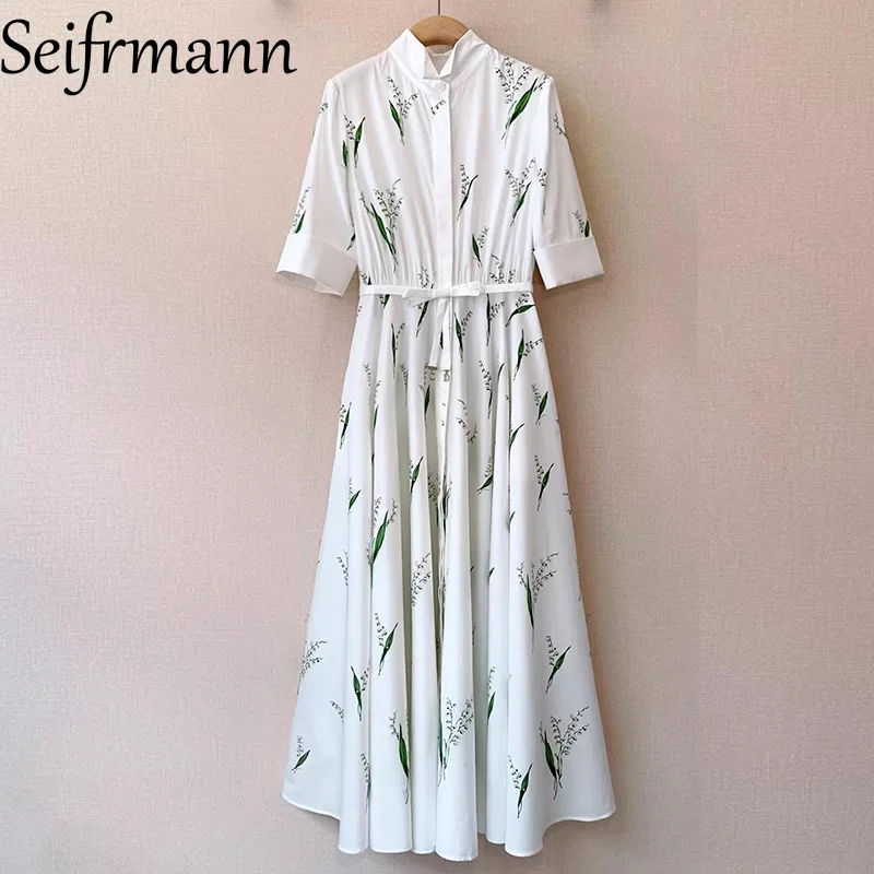 Seifrmann 2026 Spring Women's New Fashionable Stand up Collar Short Sleeve Cotton Printed Waist cinching Dress
