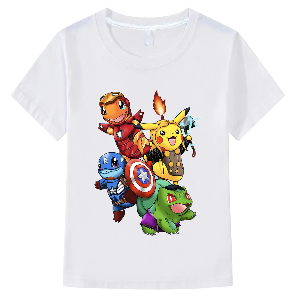 MINISO Avengers Fun T-shirts Charmander Pikachu Tees Children Cotton Clothing Little Kids Boys Girls Tshirts Fashion New Tops