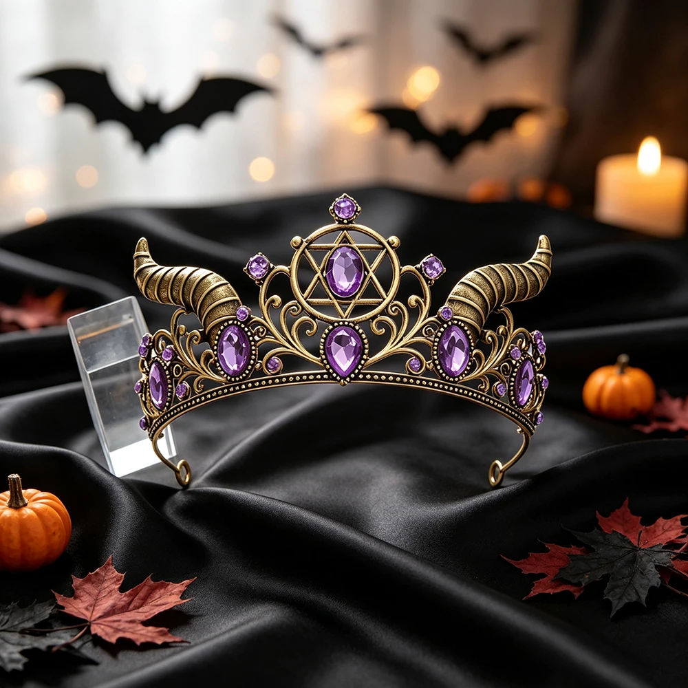 Gothic Demon Horn Crown Tiara Antique Gold Pentagram Headpiece Halloween Witch Devil Cosplay Queen Party Bridal Hair Accessories view 5