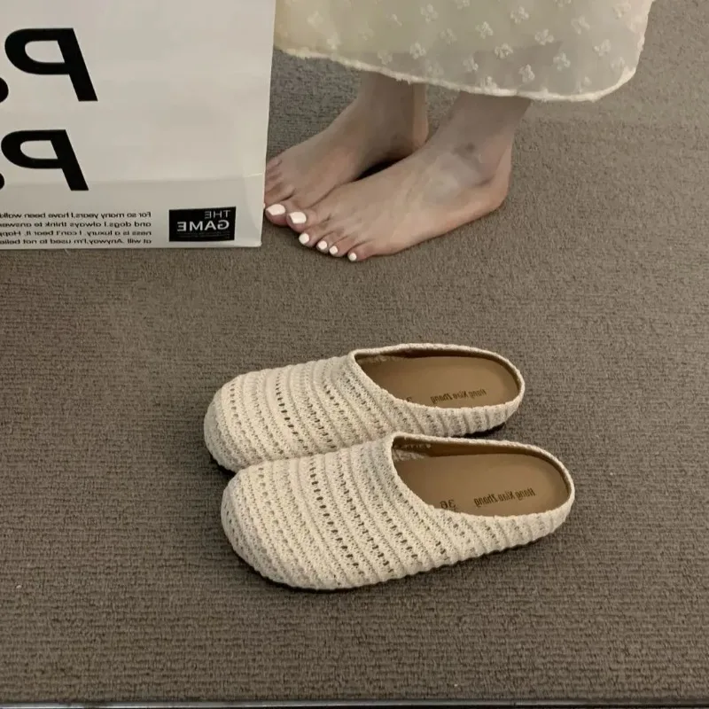 

Handwoven Hollow out Breathable Women's Roman Sle Thi Heel Mules Slip-On Summer Sandals Flat Bot PVC Sole Anti-Slip