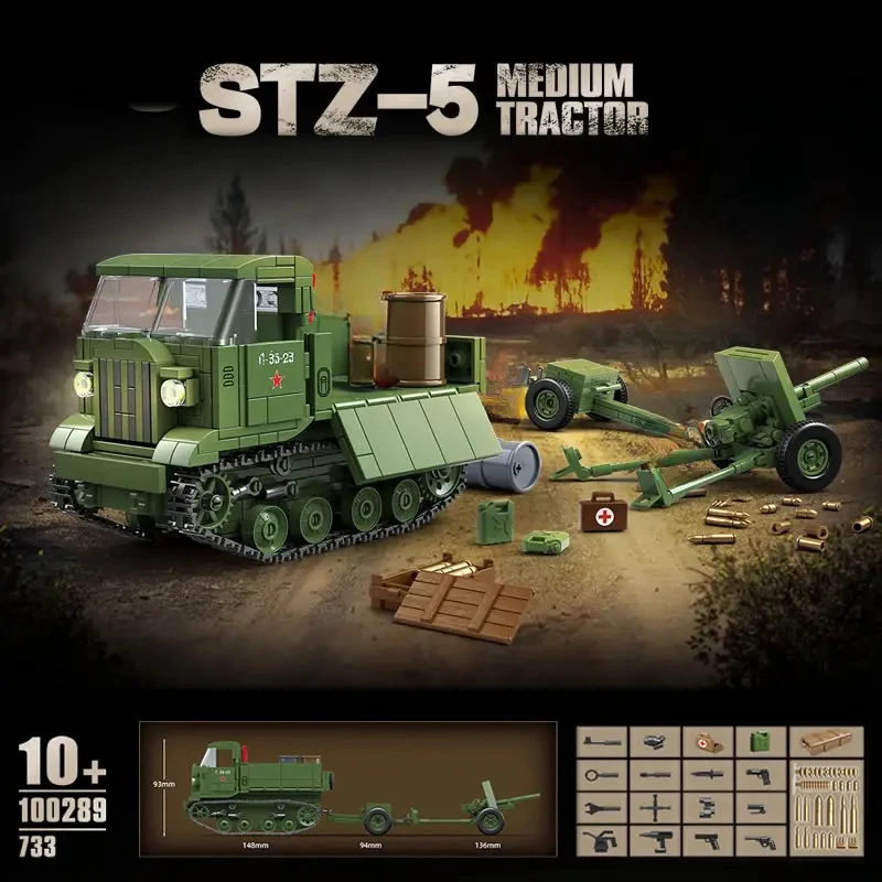 

WW2 Military Classic STZ-5 Medium Artillery Tractor Collect Models Building Blocks Army Bricks Armored Car Toys Toy Gifts