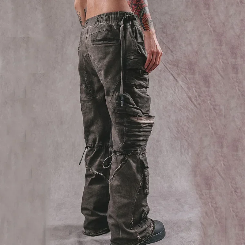 Men Wide Legs Big Horn Cargo Pants Stereoscopic Patch Bag Layered Distressed Washed Technology Torousers Male