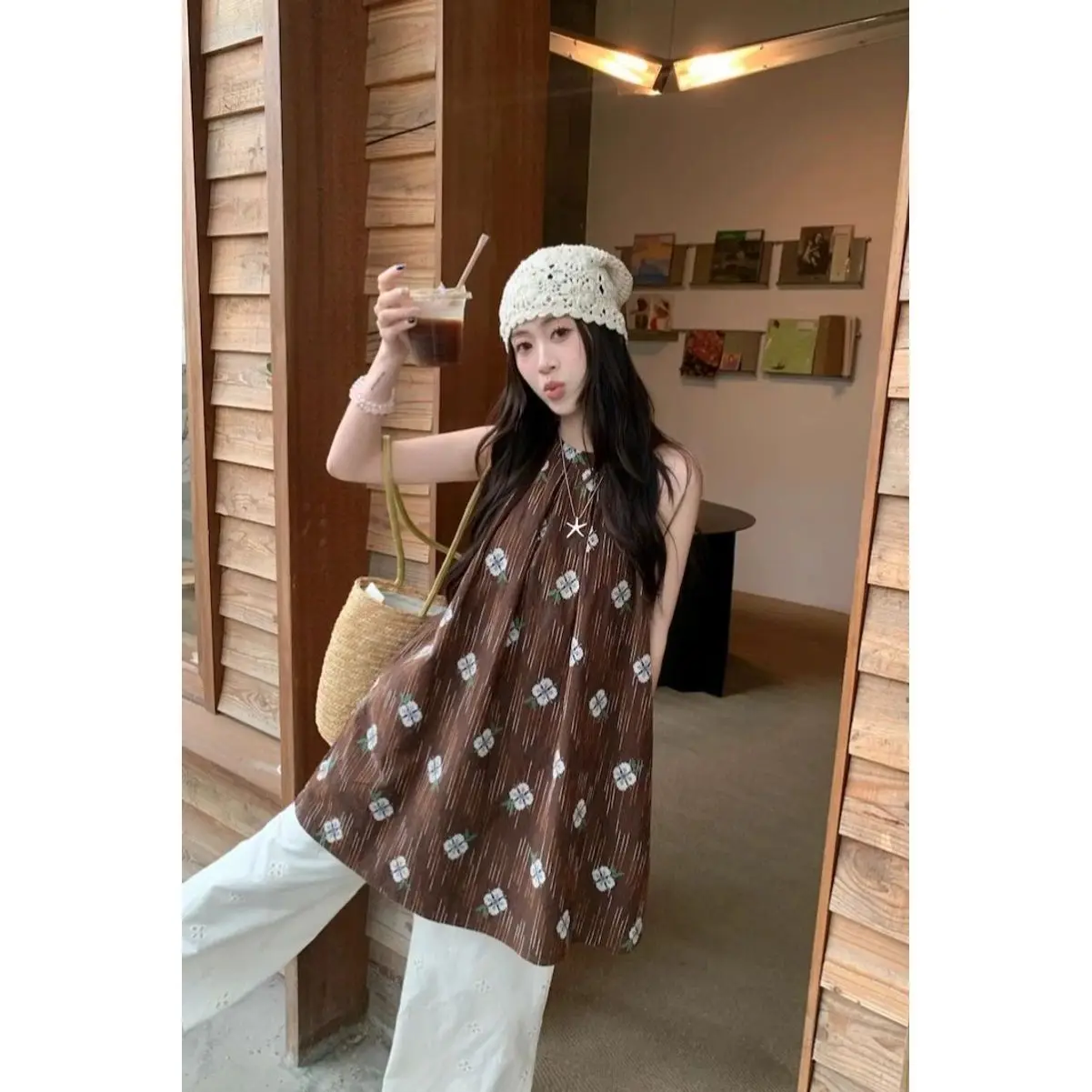 Off Shoulder Retro Printed Sleeveless Hanging Neck Vest Women Summer New Top Suspender Covering Temperament Dresses