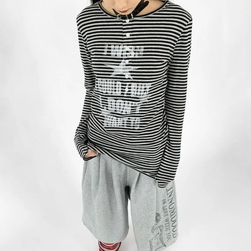 

Deeptown Y2k Black Striped T-Shirts Women Vintage Asymmetrical Letter Print Long Sleeve Tees Grunge Japanese 2000s Loose Casual