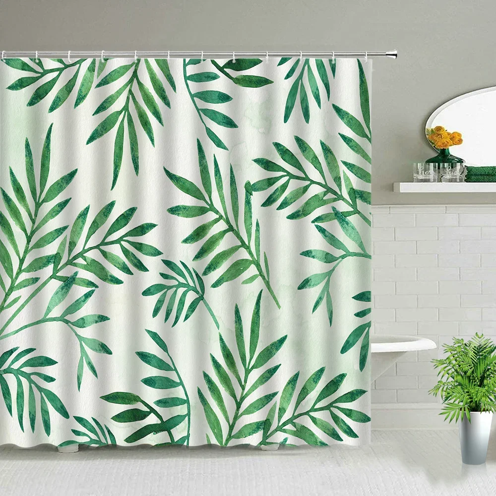 Green Leaves Printing Shower Curtain Tropical Plants Monstera Natural Scenery Bathroom Curtains With Hooks Bathtub Decor Screens