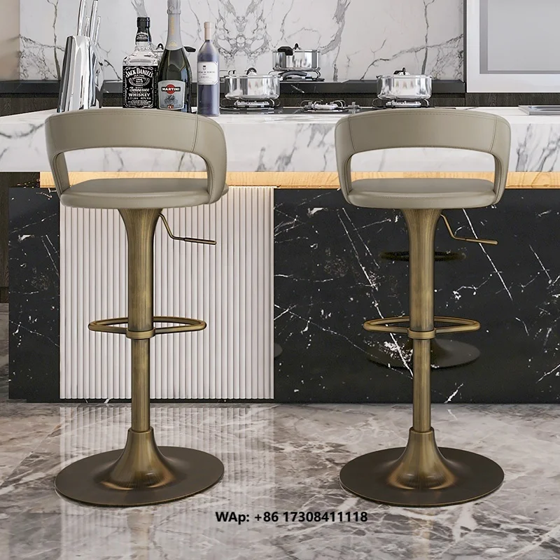[In Stock]Leather Steel Frame MetalBase Bar Chair HomeUse Adjustable Height Swivel High Stool ArmrestDesigner ModelIslandCounter
