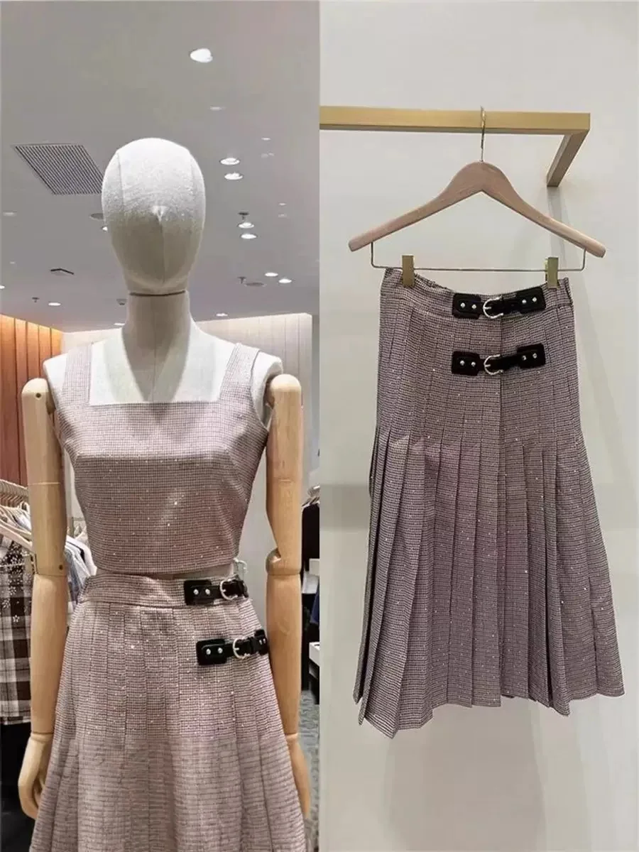 

Ele M Home Autumn Winter New Plaid Heavy Rhinestone Strap Vest Skirt Set High Waist Pleated f Body Busin Casual Pol...