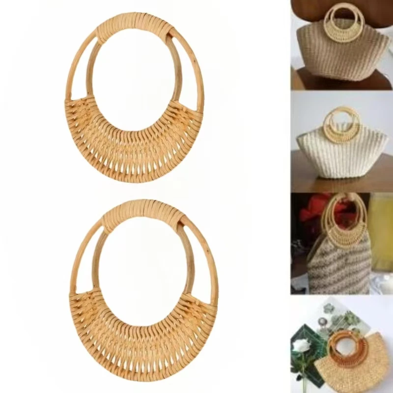 2Pcs Circle Woven Rattan Bag Handles Beach & Tota Bag Strap Replacement Purse Strap Handles For DIY Handbag Handle Accessories