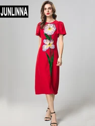 JUNLINNA Spring Summer Women Party Holiday Dress Appliques Flower and Sequins Fashion Midi Vestidos Sliming Lady