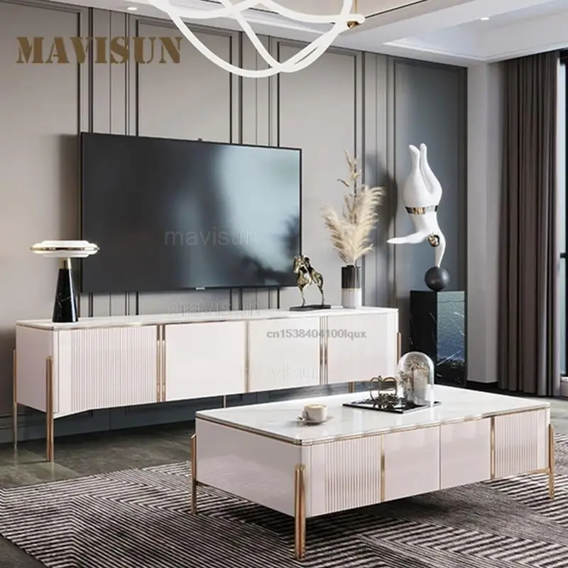 

High Quality Luxury TV Cabinet Coffee Tables Set Gold Stand Slate Tabletop For Living Room Furniture