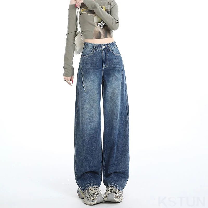 KSTUN 2026 Spring Women's Elegant Jeans High Waist Wide Leg Denim Pants Patchwork Streetwear Trendy Pockets Lady Long Trousers