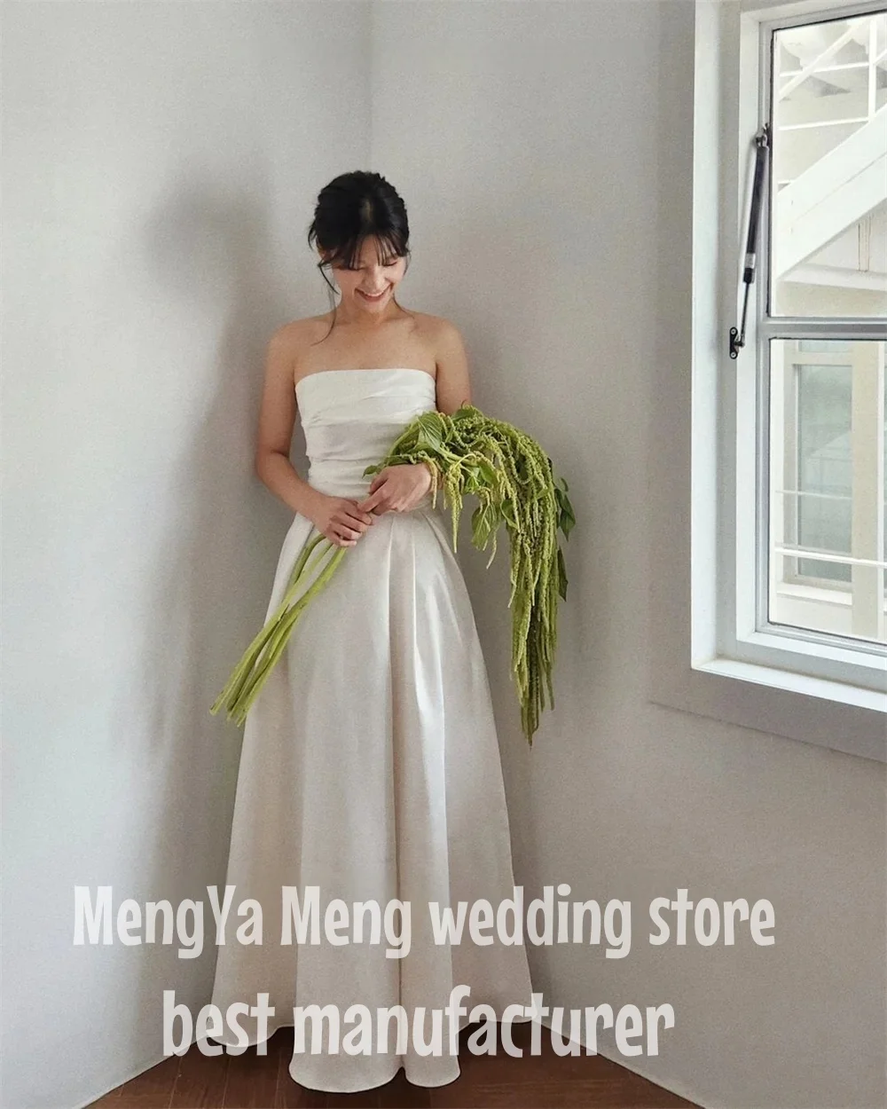 

ZHUISHU Simple Korea Photo Shoot Wedding Reception Dress Elegant Strapless Bridal Gown Floor-Length Dress Custom Made for Bride
