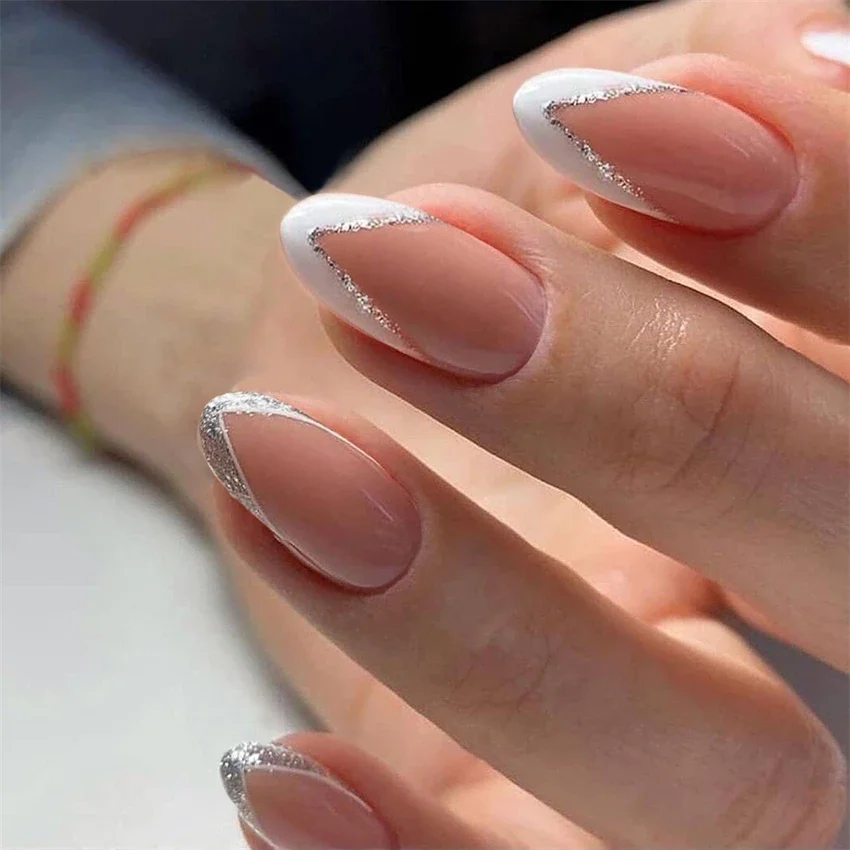 

24Pcs/Set White Silver Edge French Wearing False Nails Waterproof Removable Acrylic Fake Nails Full Coverage Press on Nail Tips