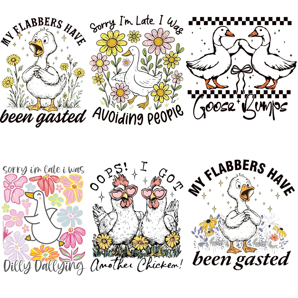 6 قطع من ملصقات نقل الحرارة على شكل أوزر كرتوني ودجاج المزرعة - ملصقات فينيل قابلة للغسل، مناسبة للملابس التي تصنعها بنفسك