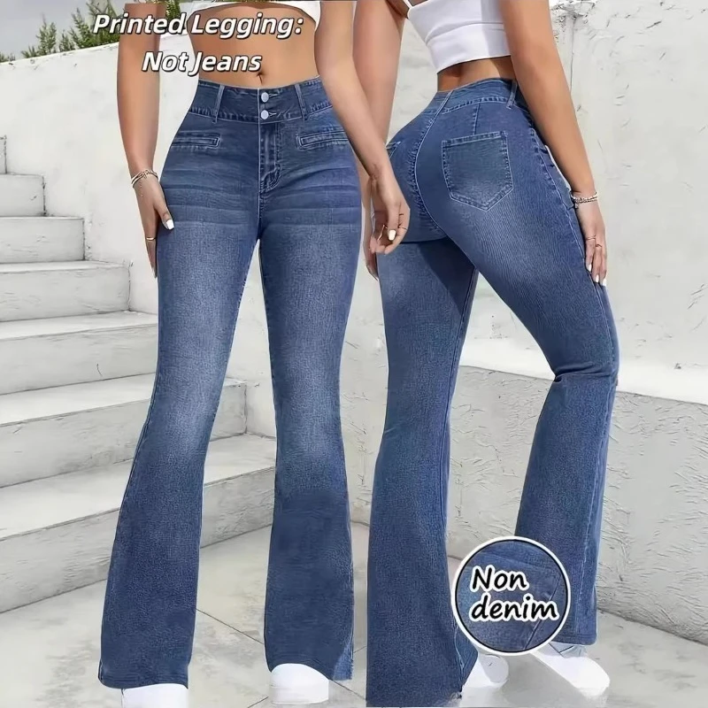 

European American Printed Jeans High Waist Stretch Slim Long Pants Women Casual Flare Denim Trousers Fashion Elegant Daily Wear