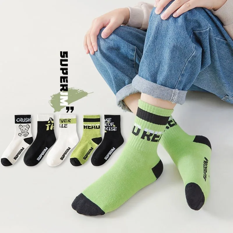 

5 Pairs Children's Socks Autumn/Winter Mid Tube Socks Cartoon Bear Sports Trendy Boys' Socks